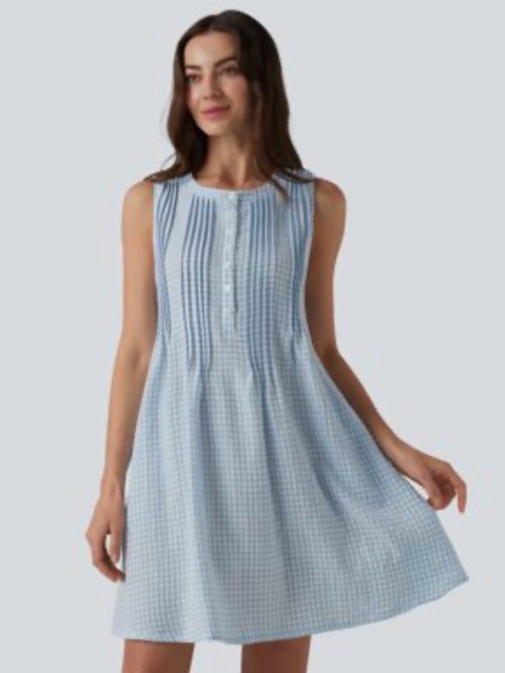 HALARA Sleeveless Light Blue Gingham Pintuck Dress
